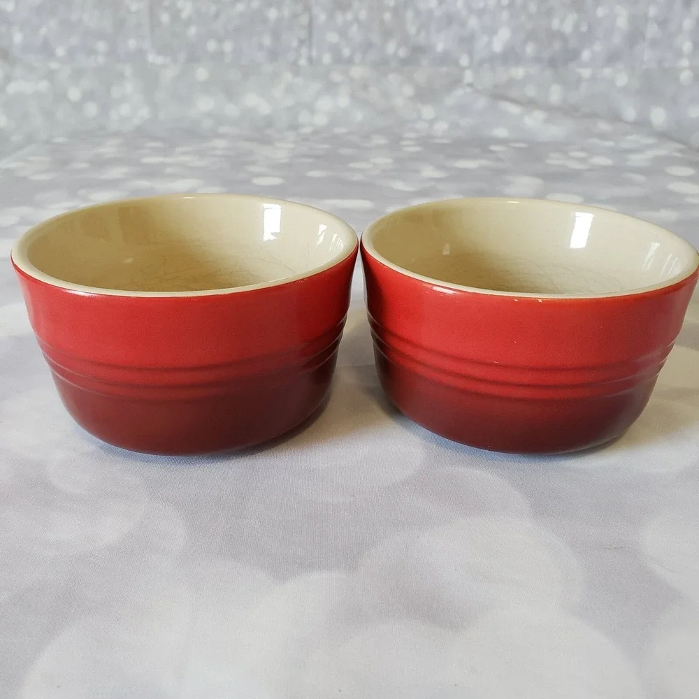 Le Creuset Custard Cup Ramekin Stoneware Set Of 2 Not Matching Red 11-03 & 15-16